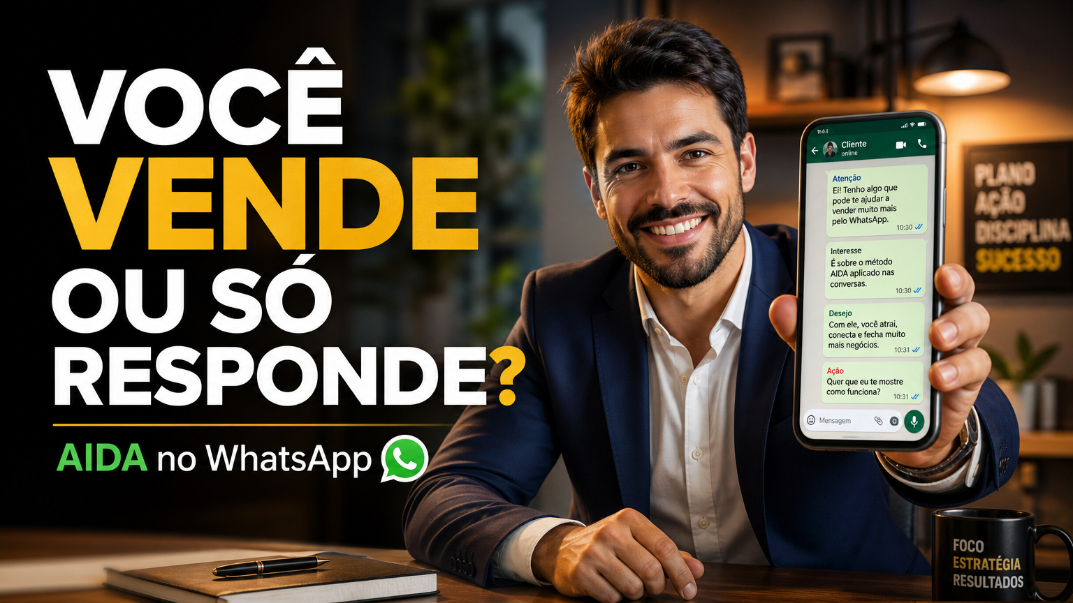 AIDA no Whatsapp com vendedor sorrindo ao atender um cliente Imagem gerada por IA